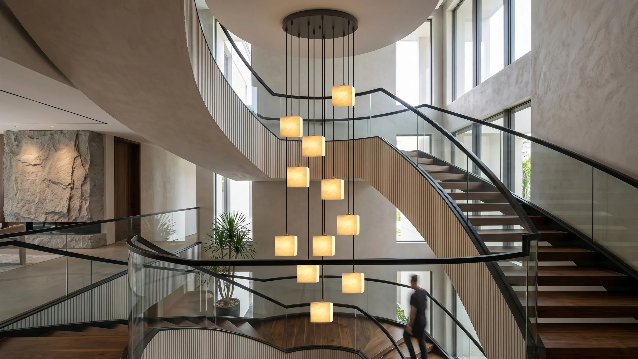 Alabaster cluster chandelier illuminating a double-height stairwell