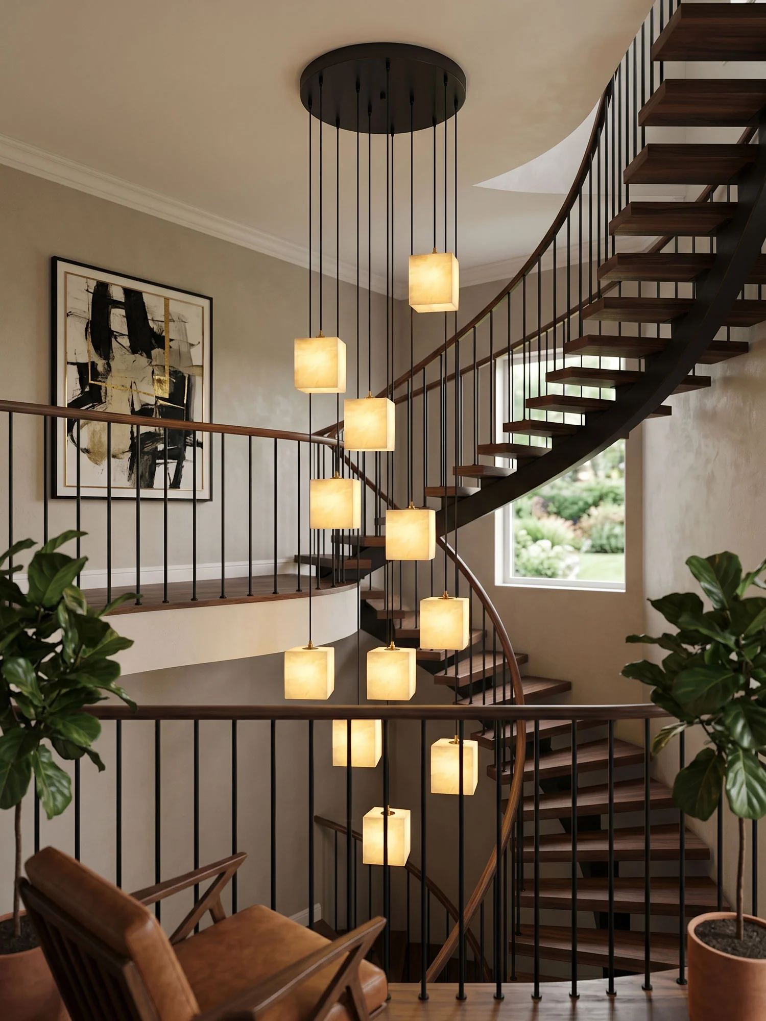 Square Alabaster Staircase Chandelier