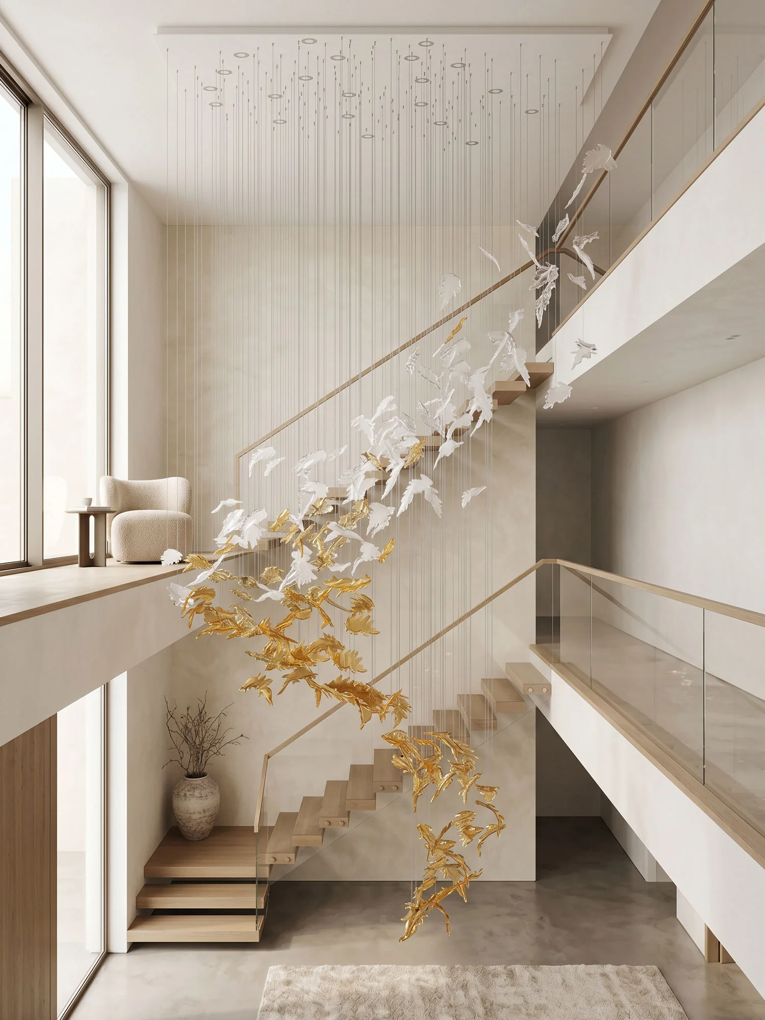 Flying Leaves Chandelier in a spiral staircase