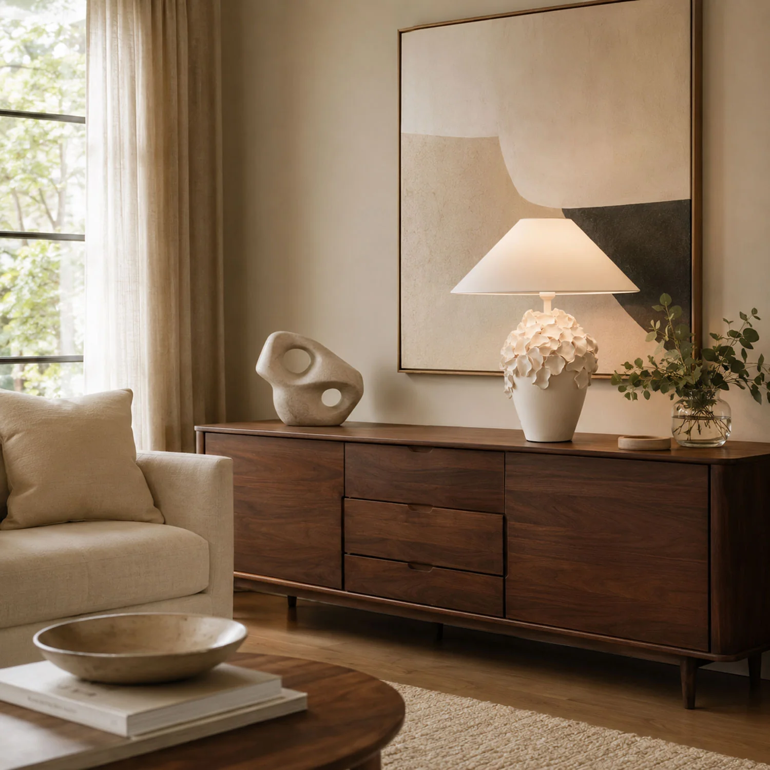 Ceramic lamp fixtures in a warm American interior