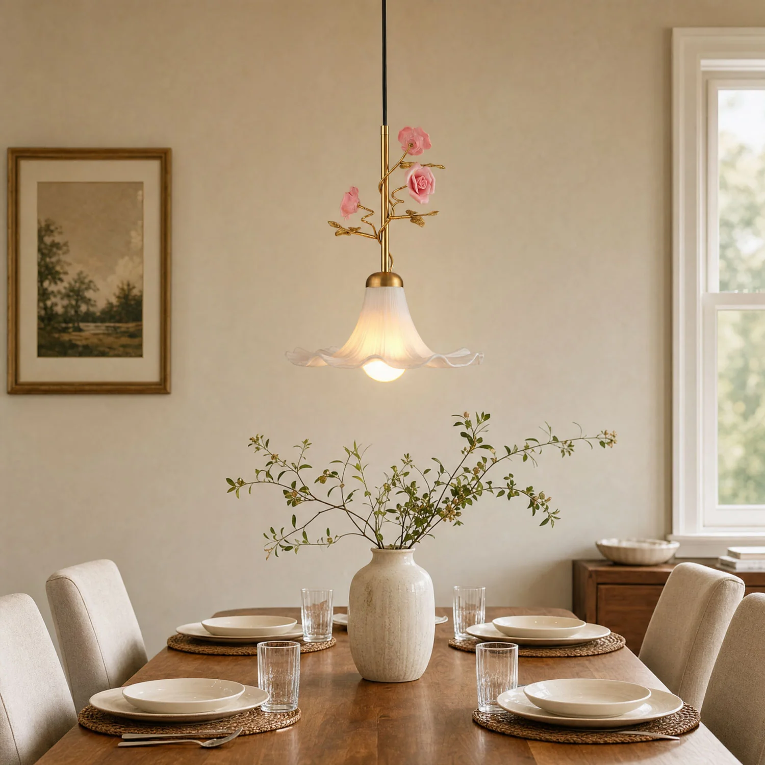 Ceramic chandelier above a dining table