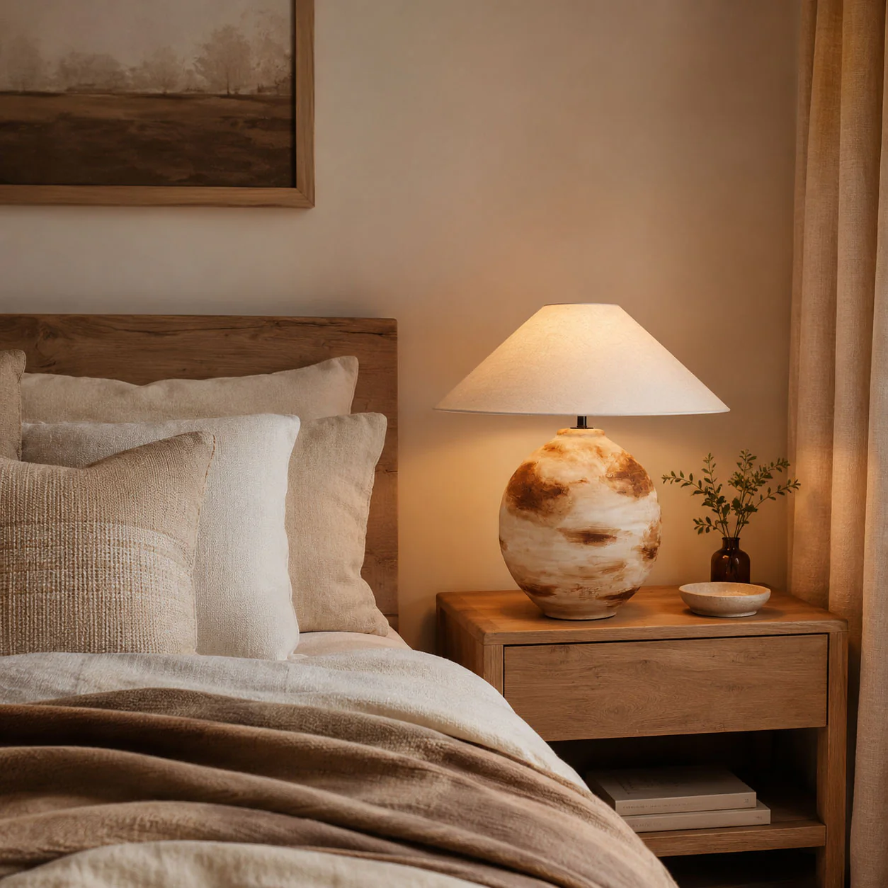 Ceramic bedside lamp in a calming bedroom