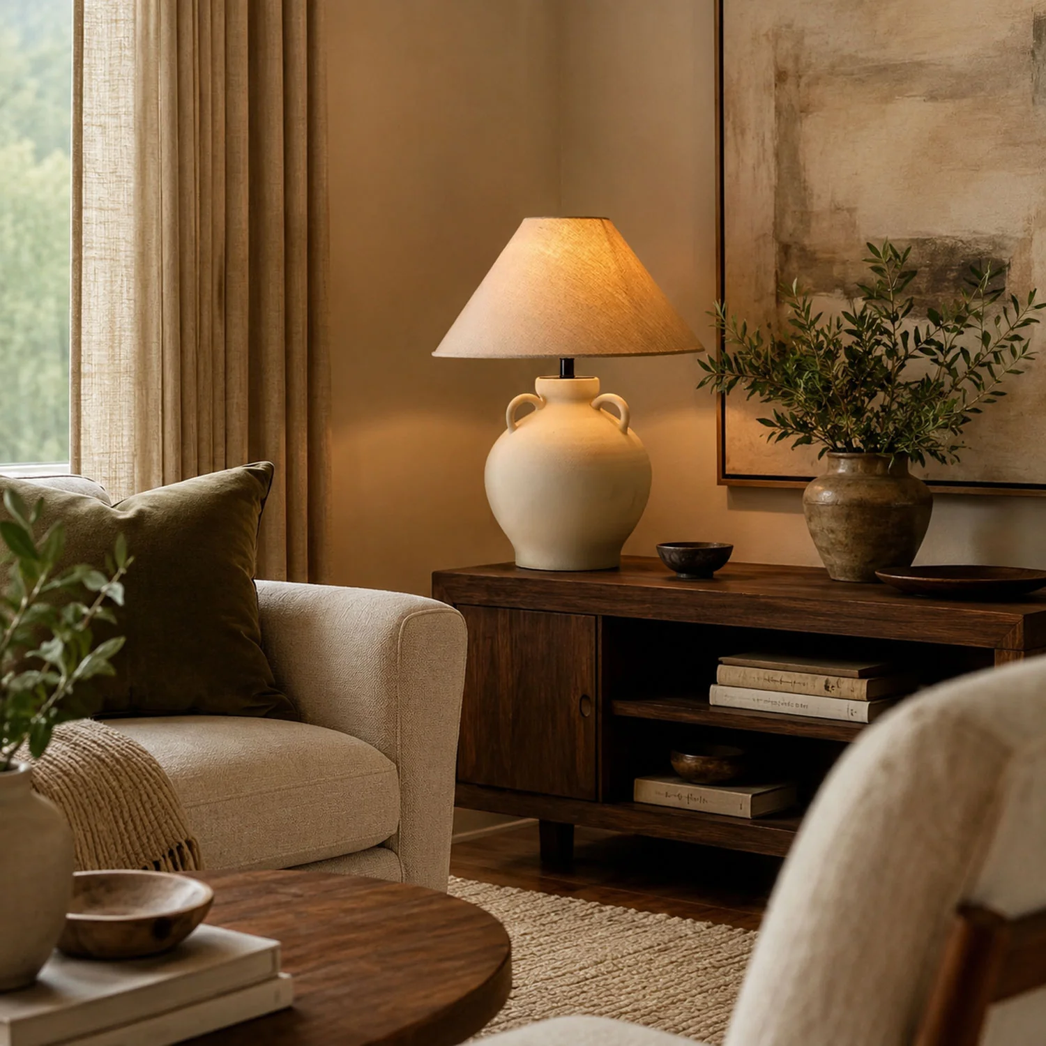 Sculptural ceramic table lamp in a living room
