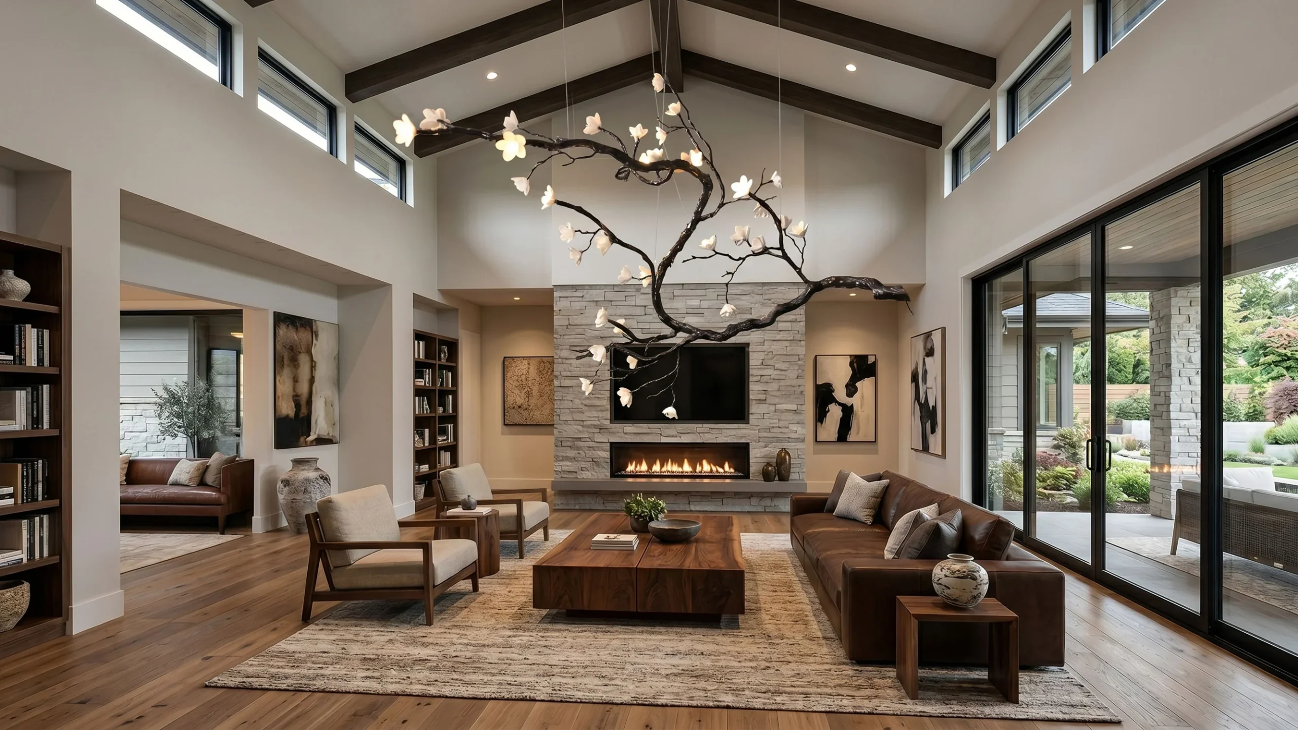 Ceramic chandelier in a warm American interior