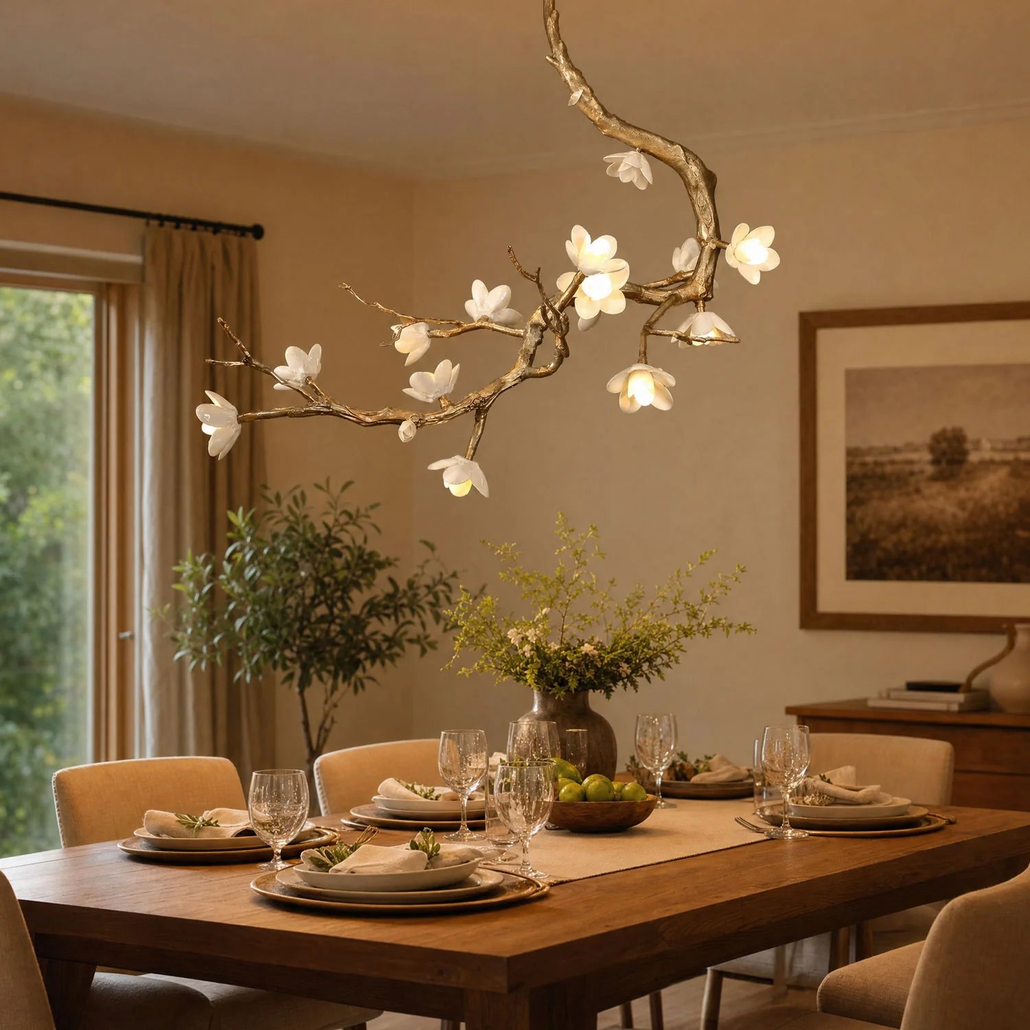 Brass Flower Branch Chandelier over a dining table