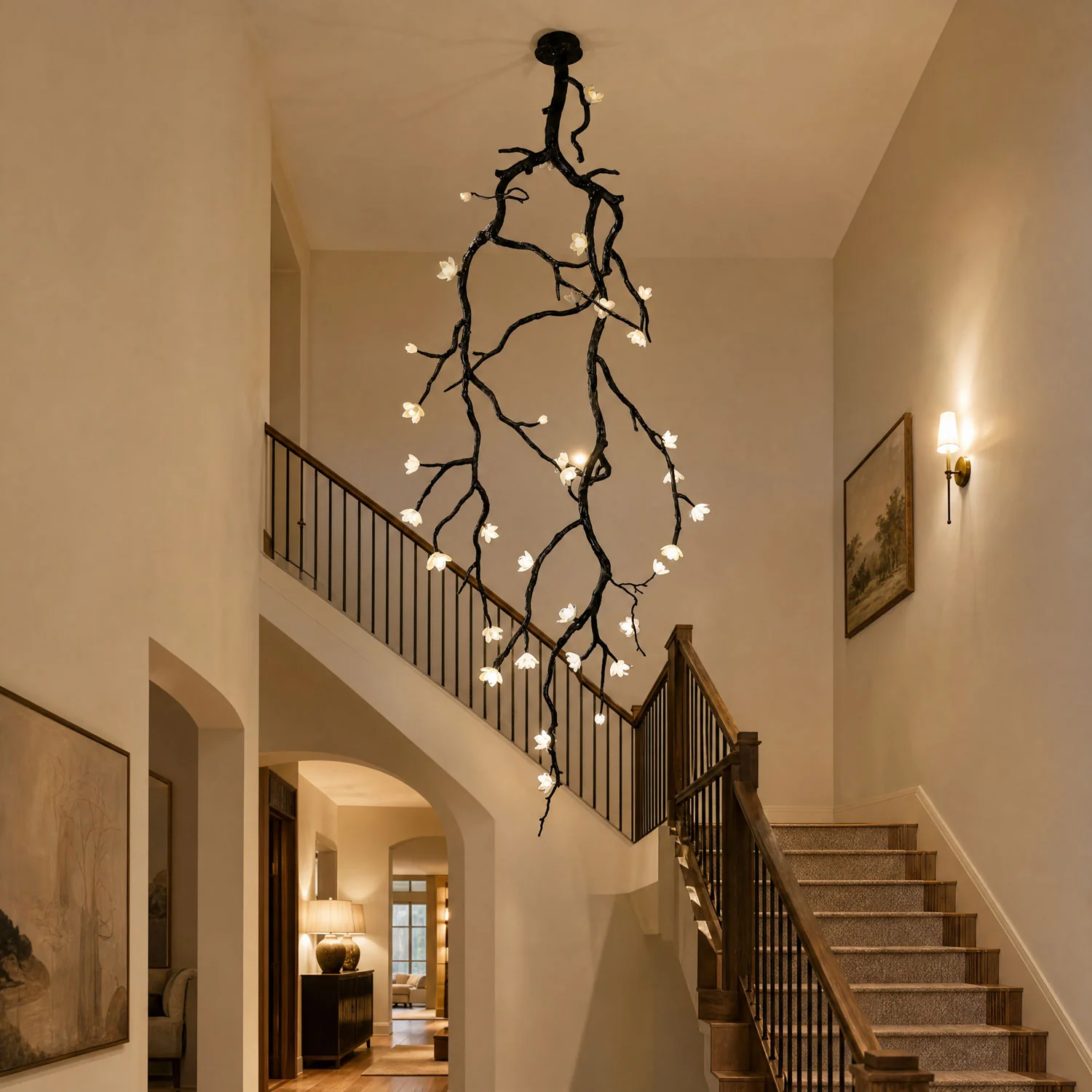 Large Long Branch Flower Chandelier in a stairwell