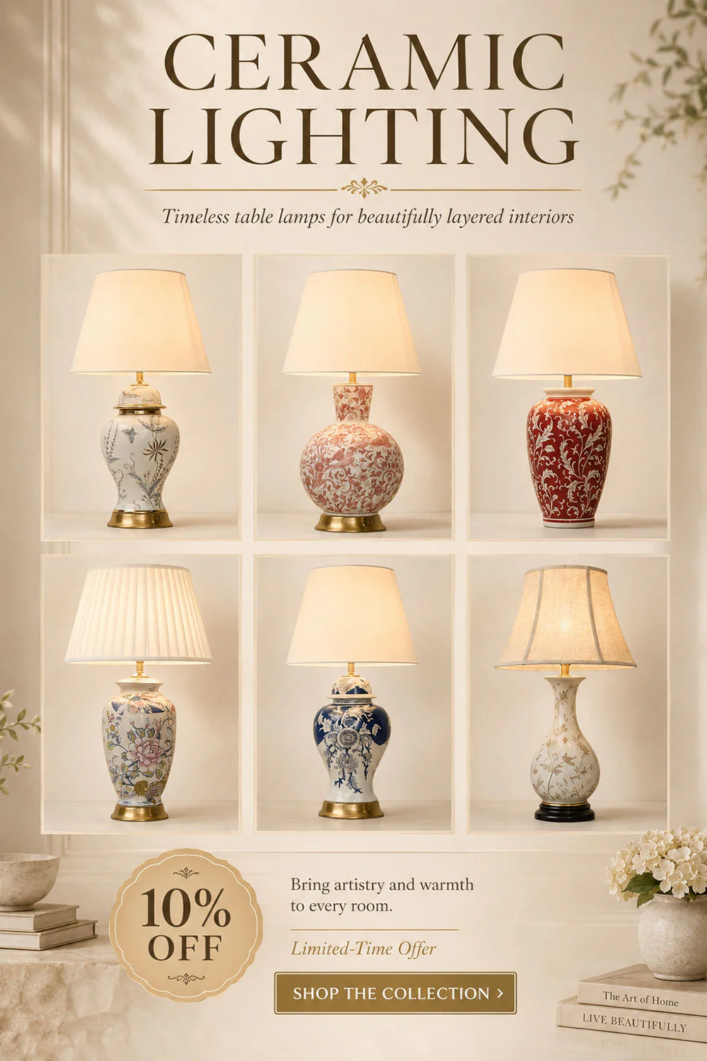 Patterned ceramic table lamp in a living room setup
