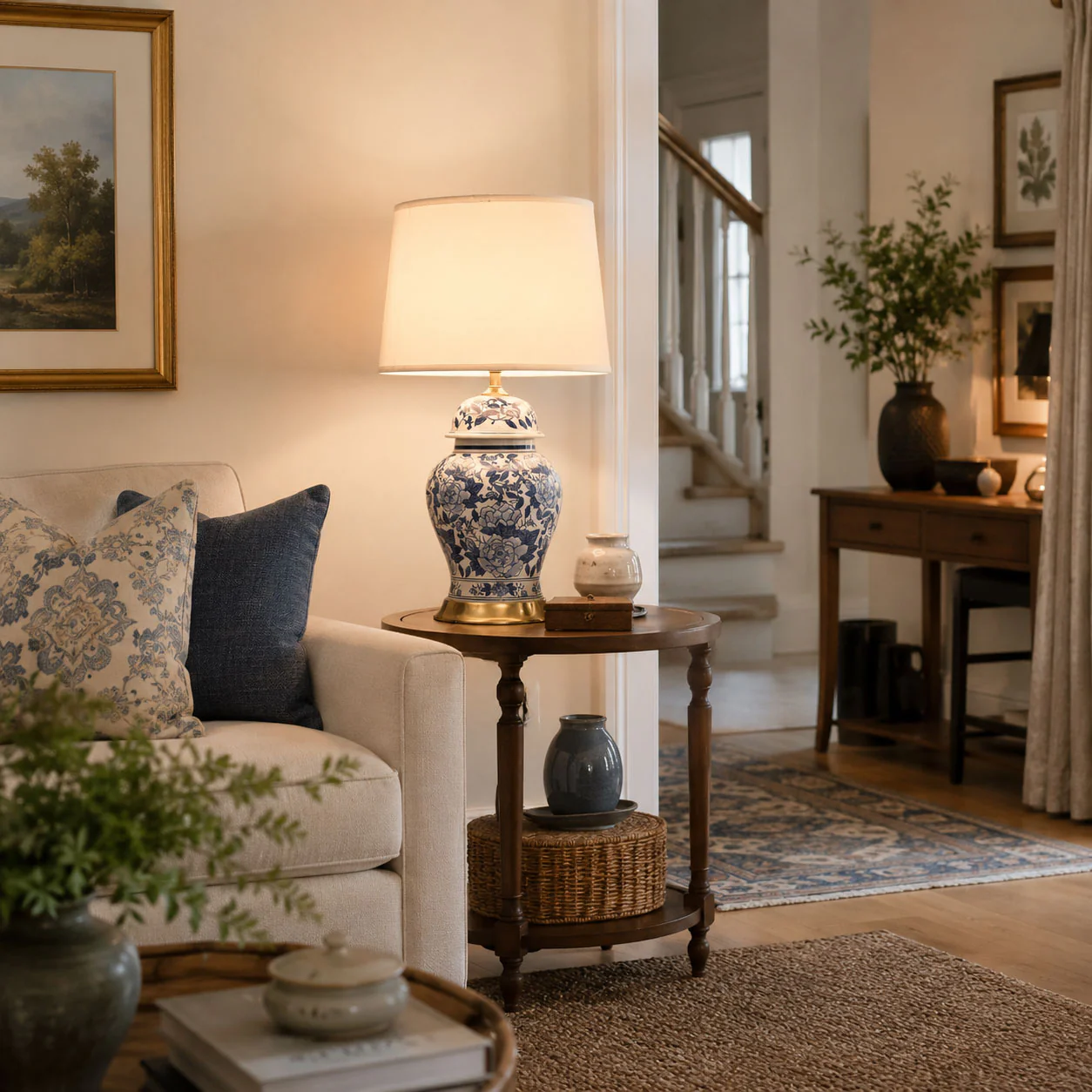 Styled interior with patterned ceramic lighting