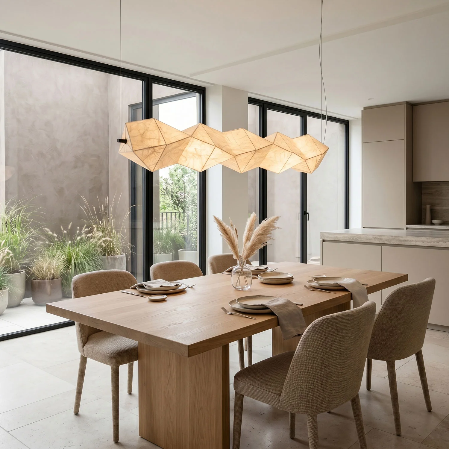 Silk pendant lighting above a dining table