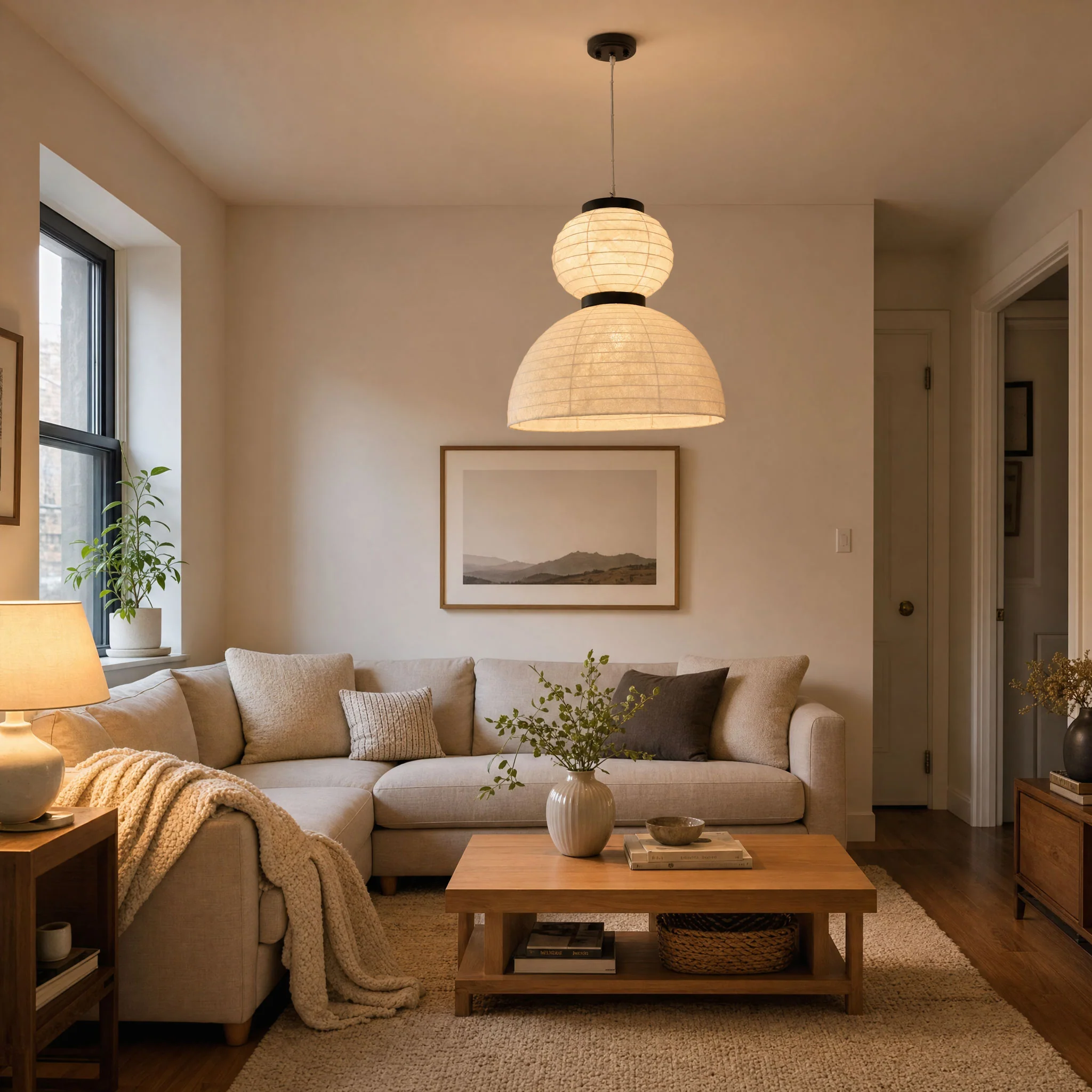 Silk pendant lamp illuminating a minimalist space