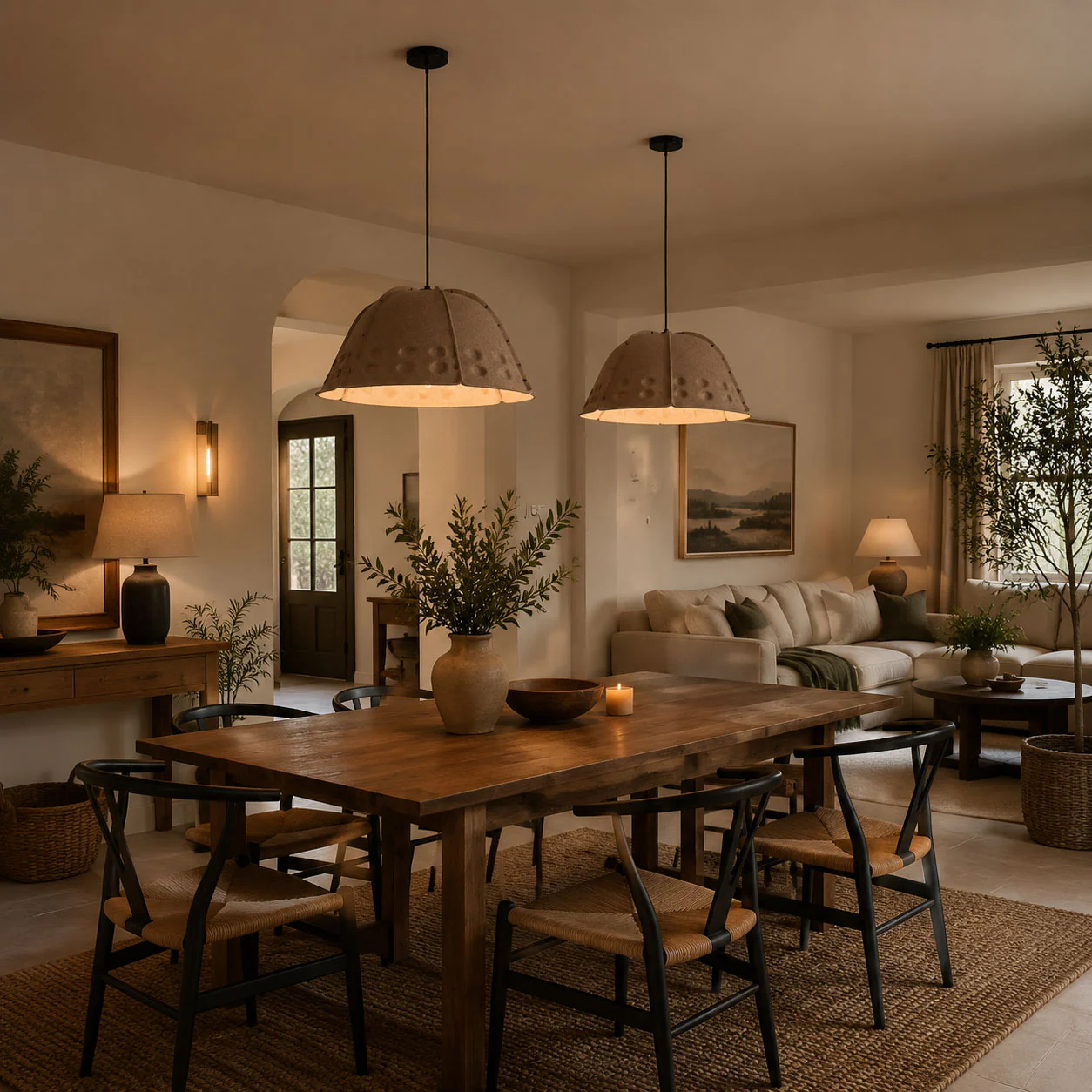 Stylistic modern living room featuring ambient acoustic felt pendant lighting