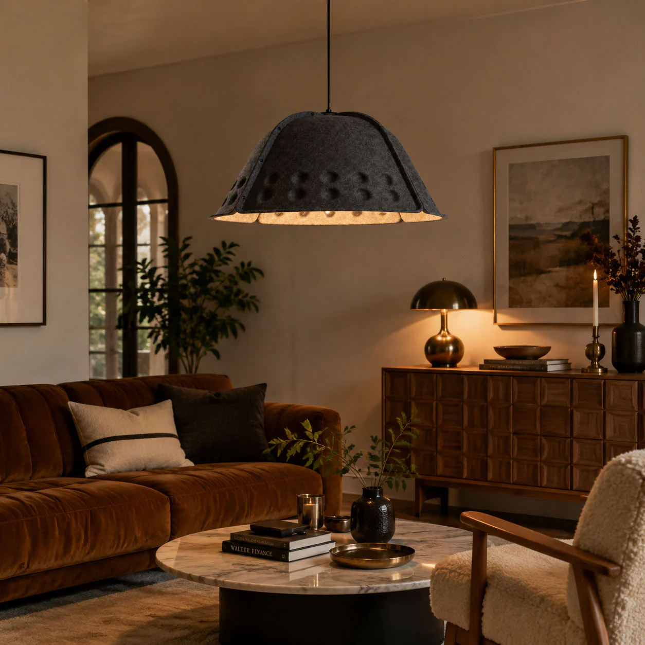 Quell Acoustic Dome Pendant Light elegantly styled in a dining area
