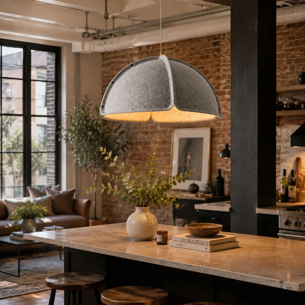 Hush Acoustic Felt Pendant Lamp suspended over a kitchen island