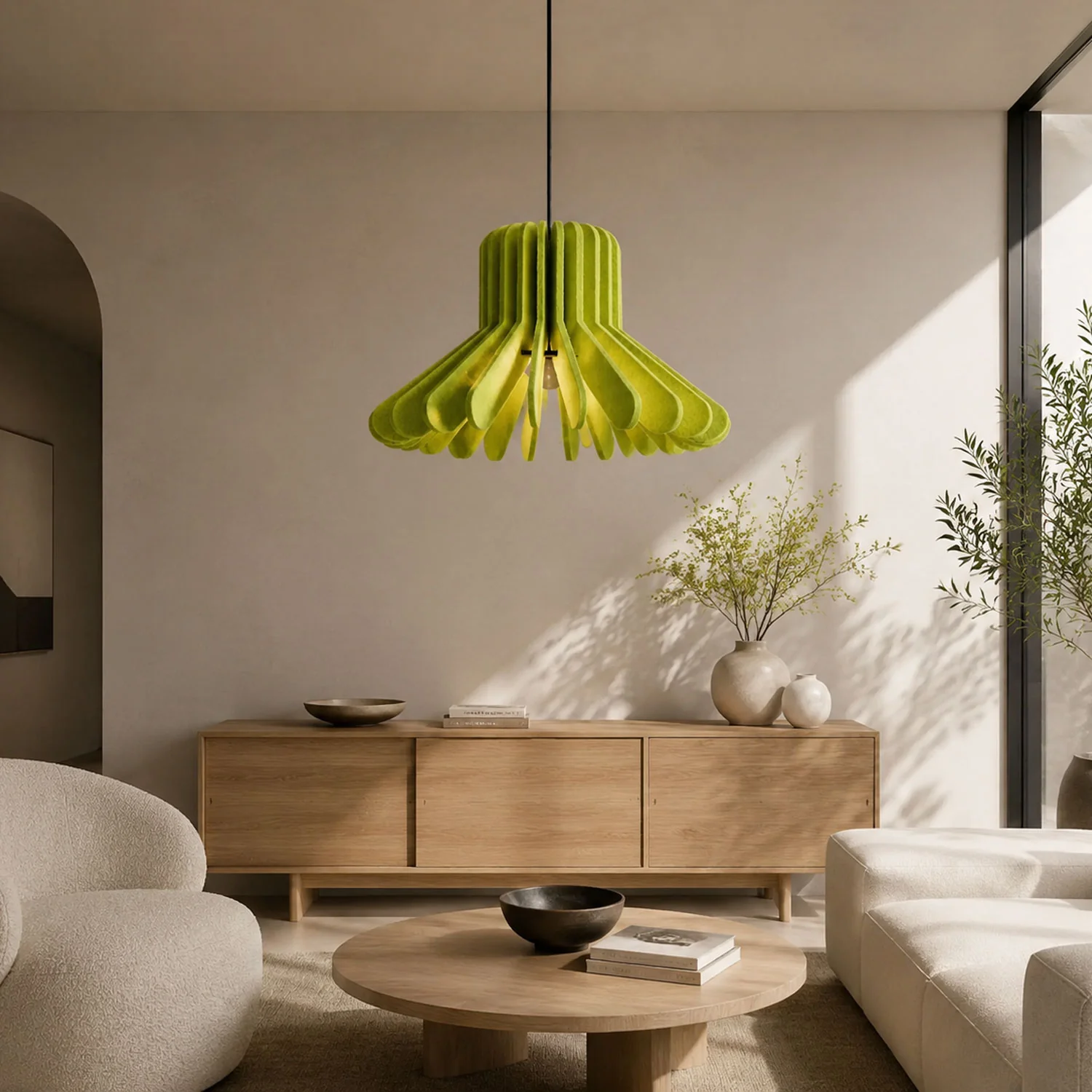 Sculptural Layered Felt Pendant Lamp showcasing artistic depth in a living room