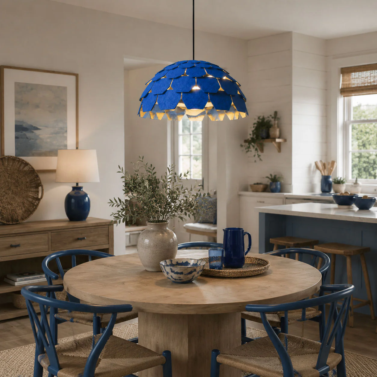 Plume Felt Pendant Lamp with feather layered design above a rustic dining table