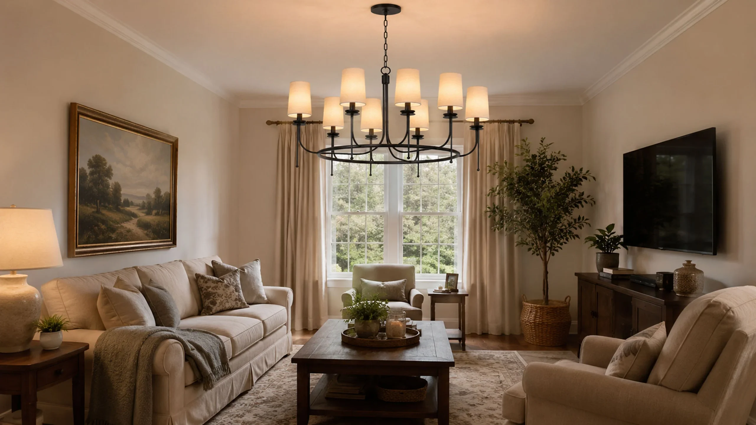 Beautiful American Classic Living Room with Chandelier